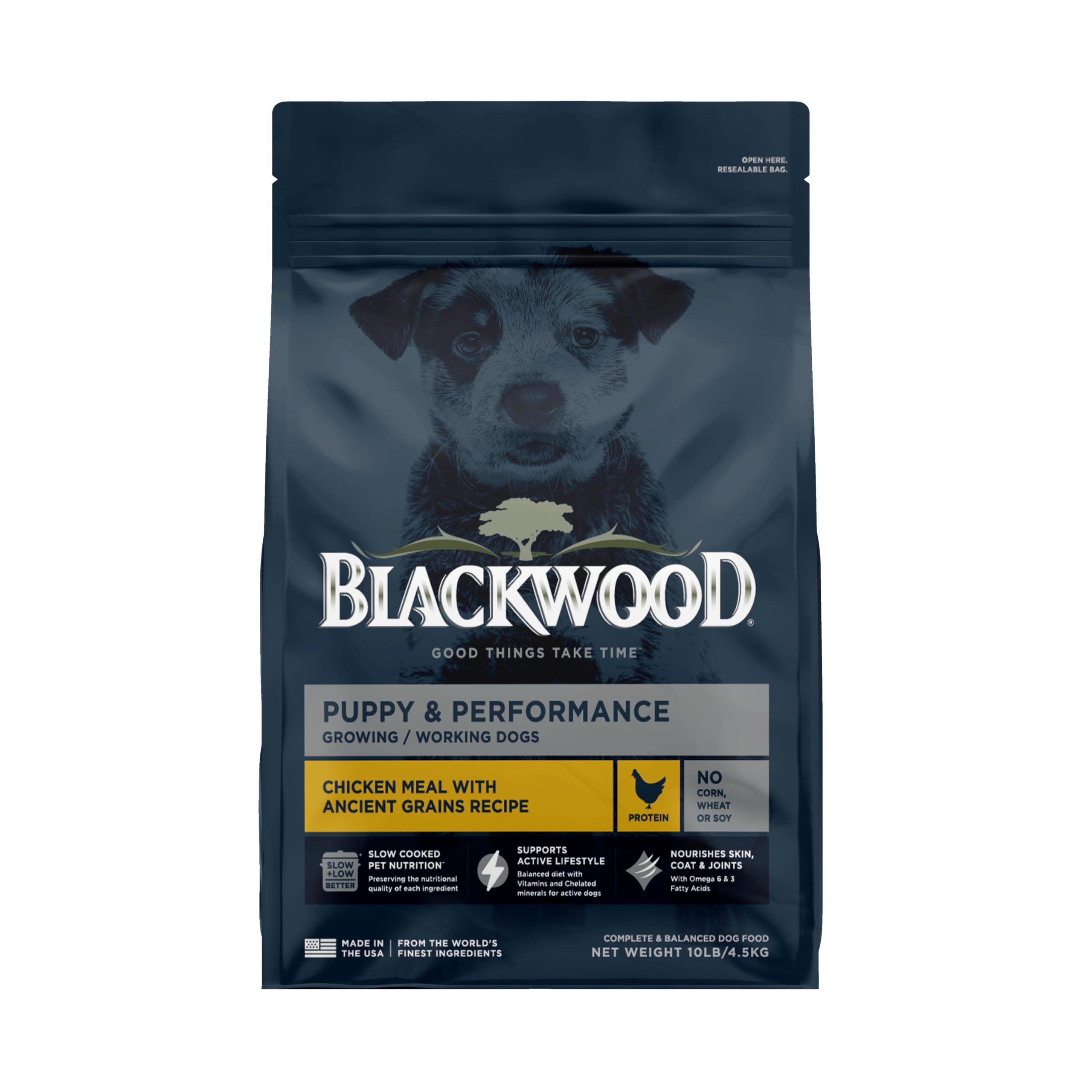 Blackwood Puppy & Performance Dry Dog Food, Chicken Meal with Ancient Grains, 10 Pound Bag for Growing & Working Dogs, Supports Active Lifestyle