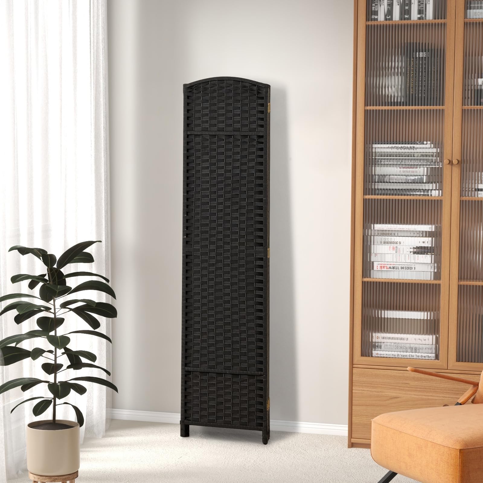 GOFLAME 6 Panel Room Divider, 5.6FT Tall Folding Privacy Screen with Hand-Woven Design & Solid Wood Frame, Freestanding Wall Divider, Room Partition Separator for Home Office, Black