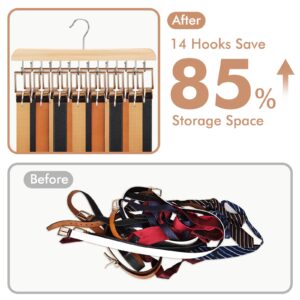 NECAMOCU Belt Hanger, Natural Wooden Belt Organizer for Closet, 360° Rotating Tie & Belt Rack for Storage with 14 Hooks, Sturdy Belt Holder Space Saver for Belt, Tie, Bra, Scarf, Tank Top Accessories