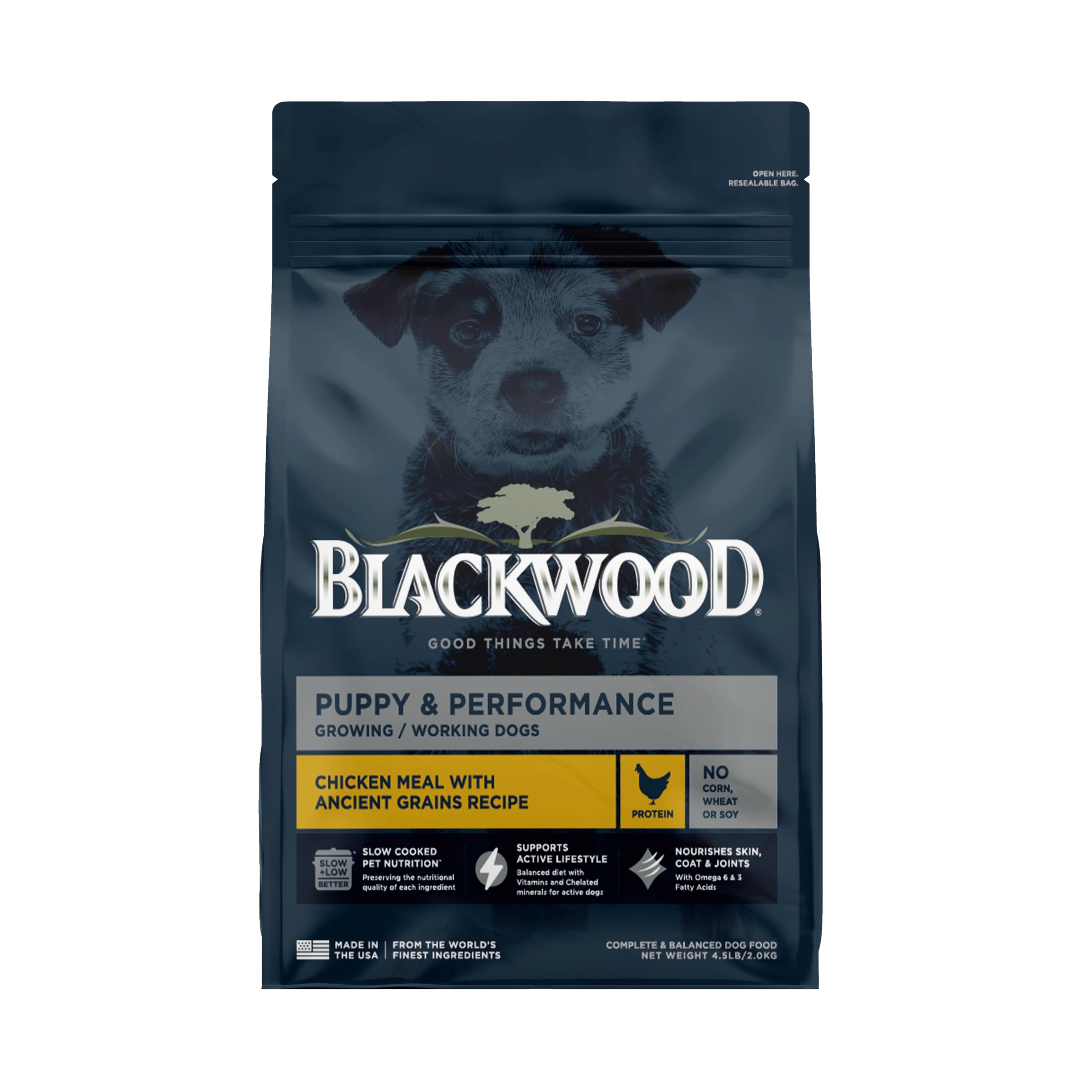 Blackwood Puppy & Performance Dry Dog Food, Chicken Meal with Ancient Grains, 4.5 Pound Bag for Growing & Working Dogs, Supports Active Lifestyle