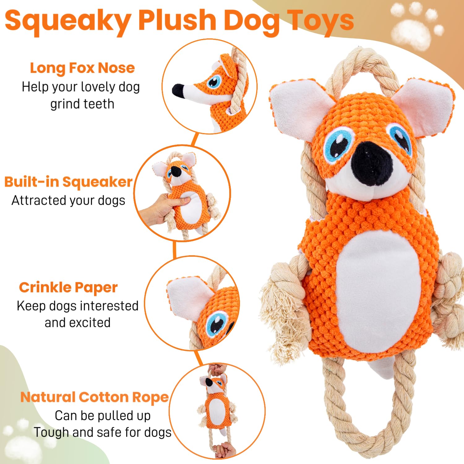 CIIVURR Interactive Dog Toys for Large Dogs, Plush Tug of War Dog Toy to Keep Them Busy, Squeaky Tough Dog Chew Toys for Boredom, Dog Teething Toys for Small, Medium & Large Dogs (Fox)