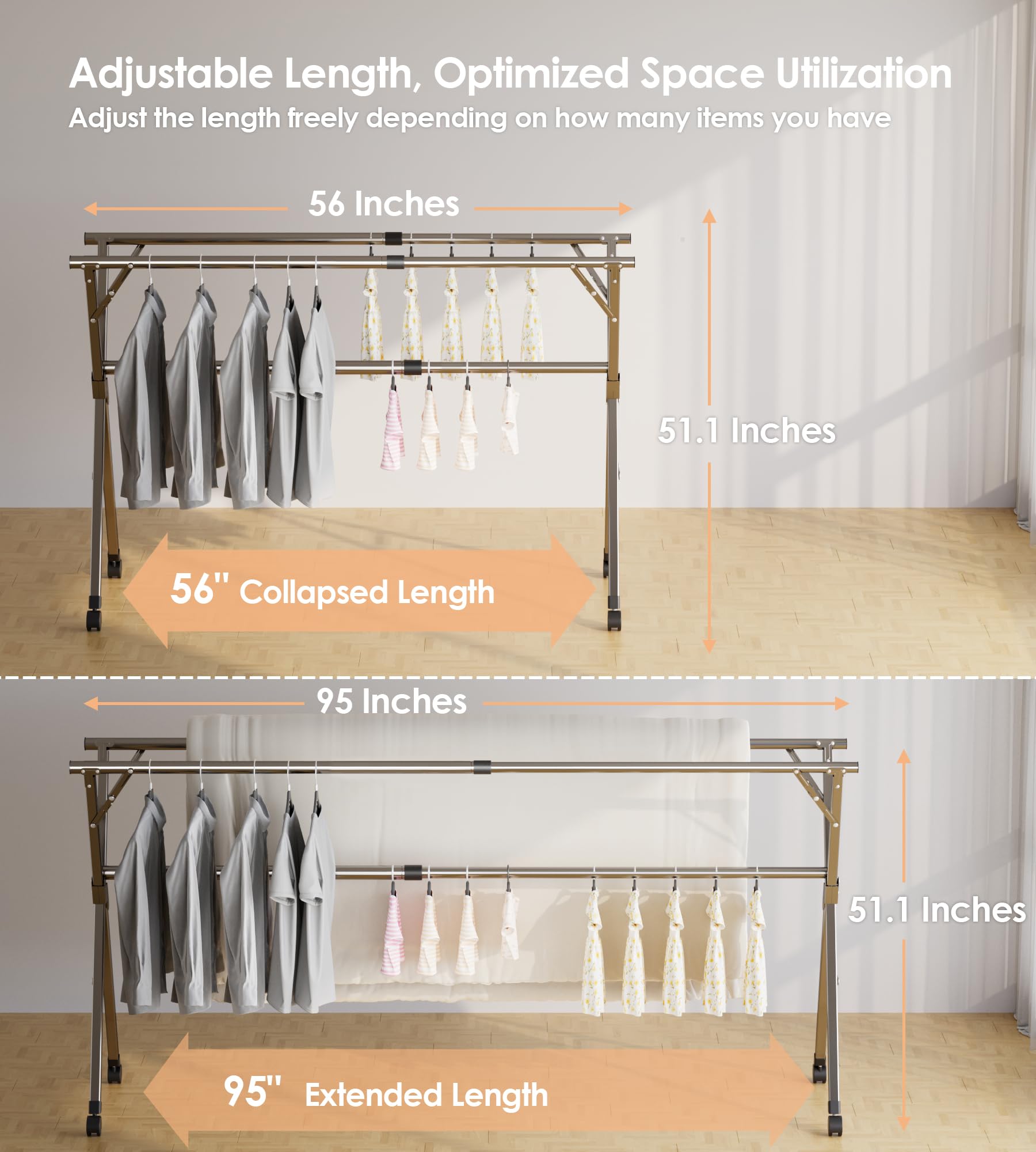 KitchLife Upgraded Clothes Drying Rack with Wheels, No Assembly Required, 95 Inches, Super Heavy Duty 201 Stainless Steel, Adjustable Foldable Laundry Drying Rack