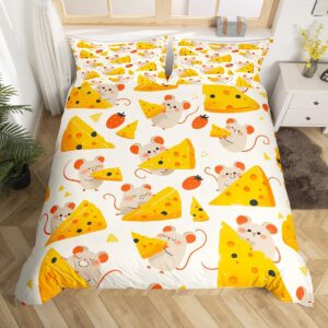 Feelyou Cartoon Mouse Duvet Cover Yellow Cheese Bedding Set for Kids Boys Girls Teens Toddler Cute Mouse Comforter Cover Set Full Size Animal Print Bedspread Cover 3Pcs Zipper