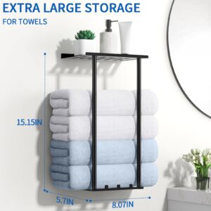 Towel Racks for Bathroom, Metal Wall Mounted Towel Rack Sturdy, Towel Storage for Bathroom Rustproof Towel Holder with Hook, Lavatory Bathroom Storage for Large Towels/Rolled Towels - Black