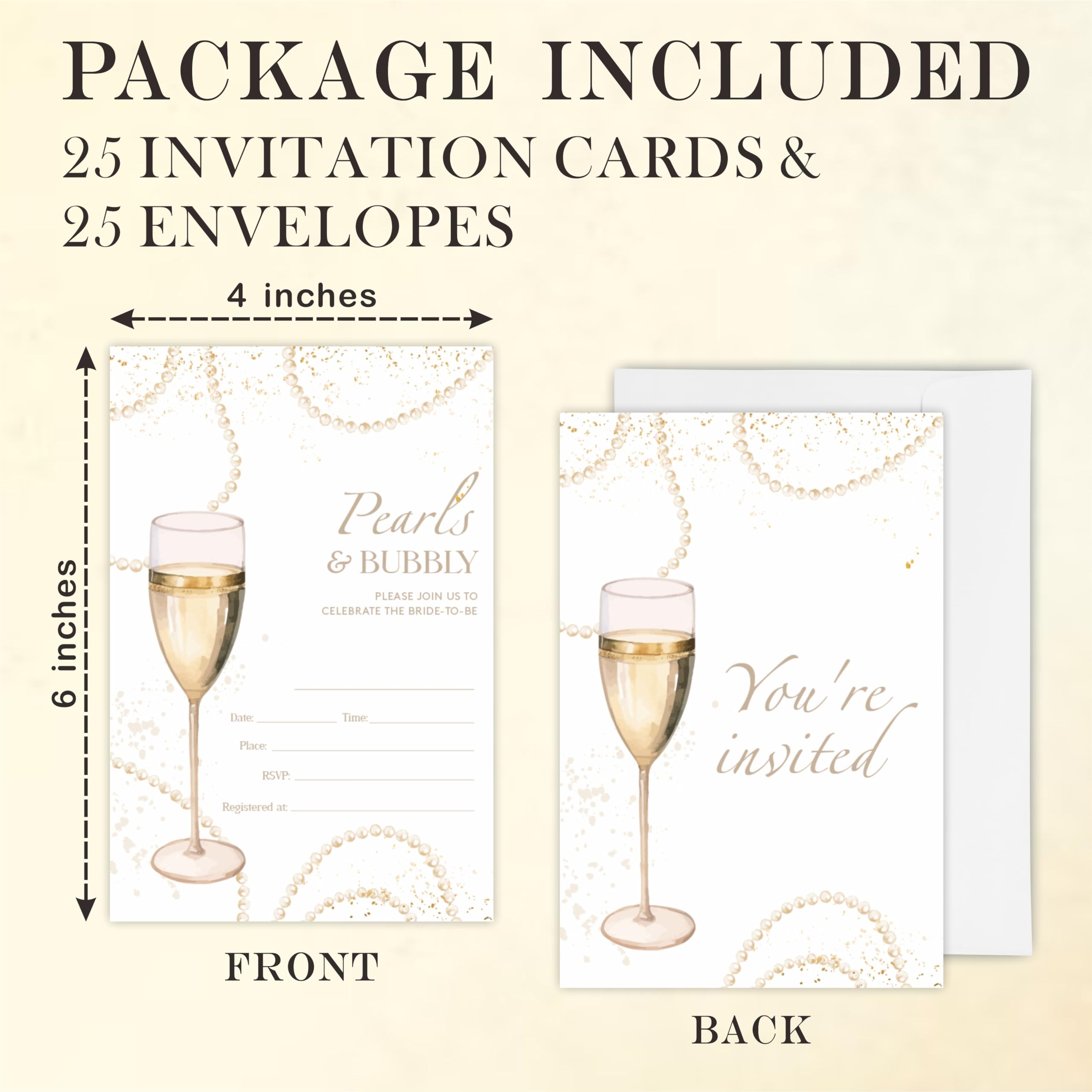 YKYENR Bridal Shower Invitations - Pearls & Bubbly - 4 x 6 Inches Invites (25 Cards & Envelopes) For Wedding Showers, Newlyweds Parties And Receptions - A08