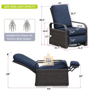 ATR ART TO REAL Outdoor Swivel Chairs, Wicker Patio Recliner Chairs Lounge Chair with Fabric Cushions for Garden, Backyard, Porch, Poolside, Adjustable Lounging Positions (Navy)