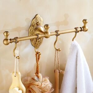 TEMKIN Brass Towel Rail Bar Bathroom Towel Hook Rack，Bath Coat Rack Hook Wall Mounted with 4 Hooks，Antique Bath Robe Hanger Coat Hook Rack Holders，Indoor Kitchen Lavatory Hot Tub Accessories