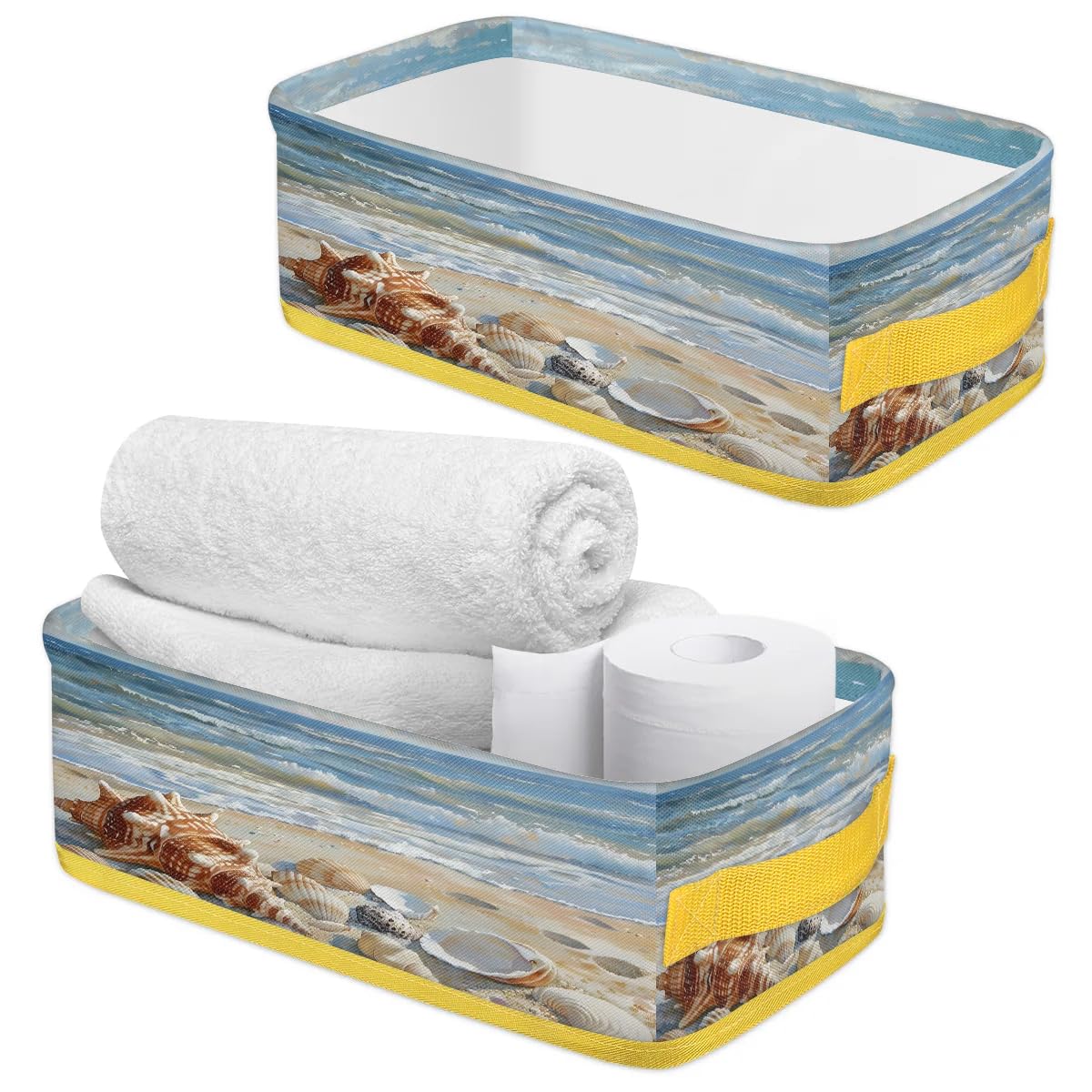 Tablerazzi Ocean Beach Shell Toilet Tank Topper Paper Basket with Handle, Beach Theme Storage Basket for Organizing, Small Fabric Storage Bins for Bathroom Decor