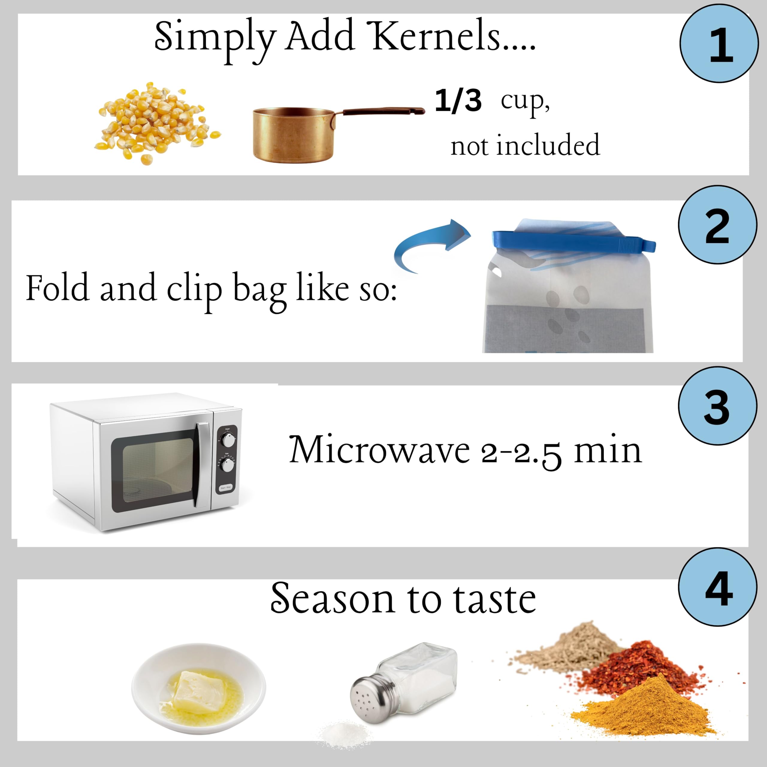 Just Pop It, Disposable Microwave Popcorn Bags. Easy, healthy snack makers. Simply add Kernels. Easy, Healthy Snacks, in 2 minutes. (30 pack)