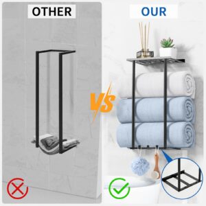 Towel Racks for Bathroom, Metal Wall Mounted Towel Rack Sturdy, Towel Storage for Bathroom Rustproof Towel Holder with Hook, Lavatory Bathroom Storage for Large Towels/Rolled Towels - Black