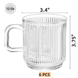 Noamus 6 Pack Premium Glass Coffee Mugs with Handle, 12 Oz Classic Vertical Stripes Glass Tea Cups, Transparent Ribbed Beverage Mugs, Clear Vintage Glassware Set for Hot Cold Americano, Cappuccino