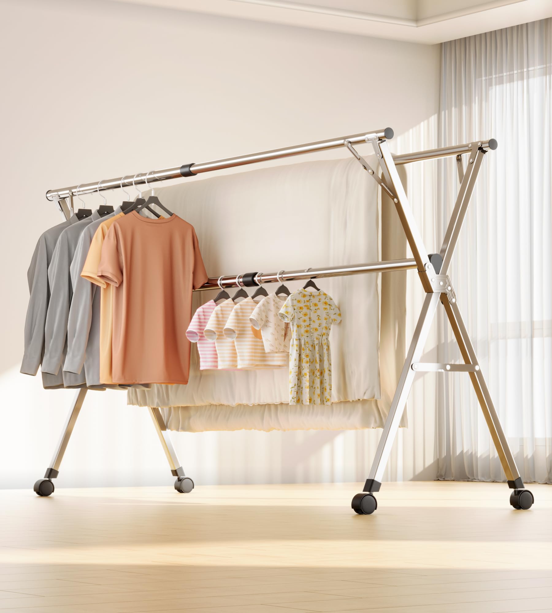 KitchLife Upgraded Clothes Drying Rack with Wheels, No Assembly Required, 95 Inches, Super Heavy Duty 201 Stainless Steel, Adjustable Foldable Laundry Drying Rack