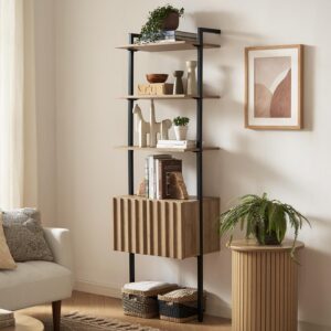 mopio norwin ladder book shelf, wall bookshelf, farmhouse industrial bookcase, narrow slim organizer display shelves, living room, bedroom (3-tier shelf cabinet)