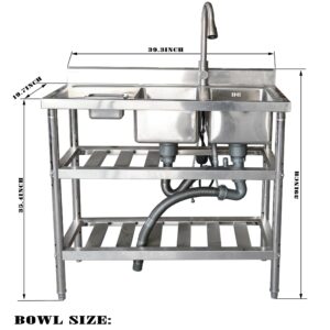 Qian Kun Industrial Grade Left-Hand Utility Sink Station with 304 Stainless Steel Double Bowl - 39.3x19.7x35.4Inch - NSF Certified - Ideal for Outdoor, Commercial, Garage, and Kitchen Use