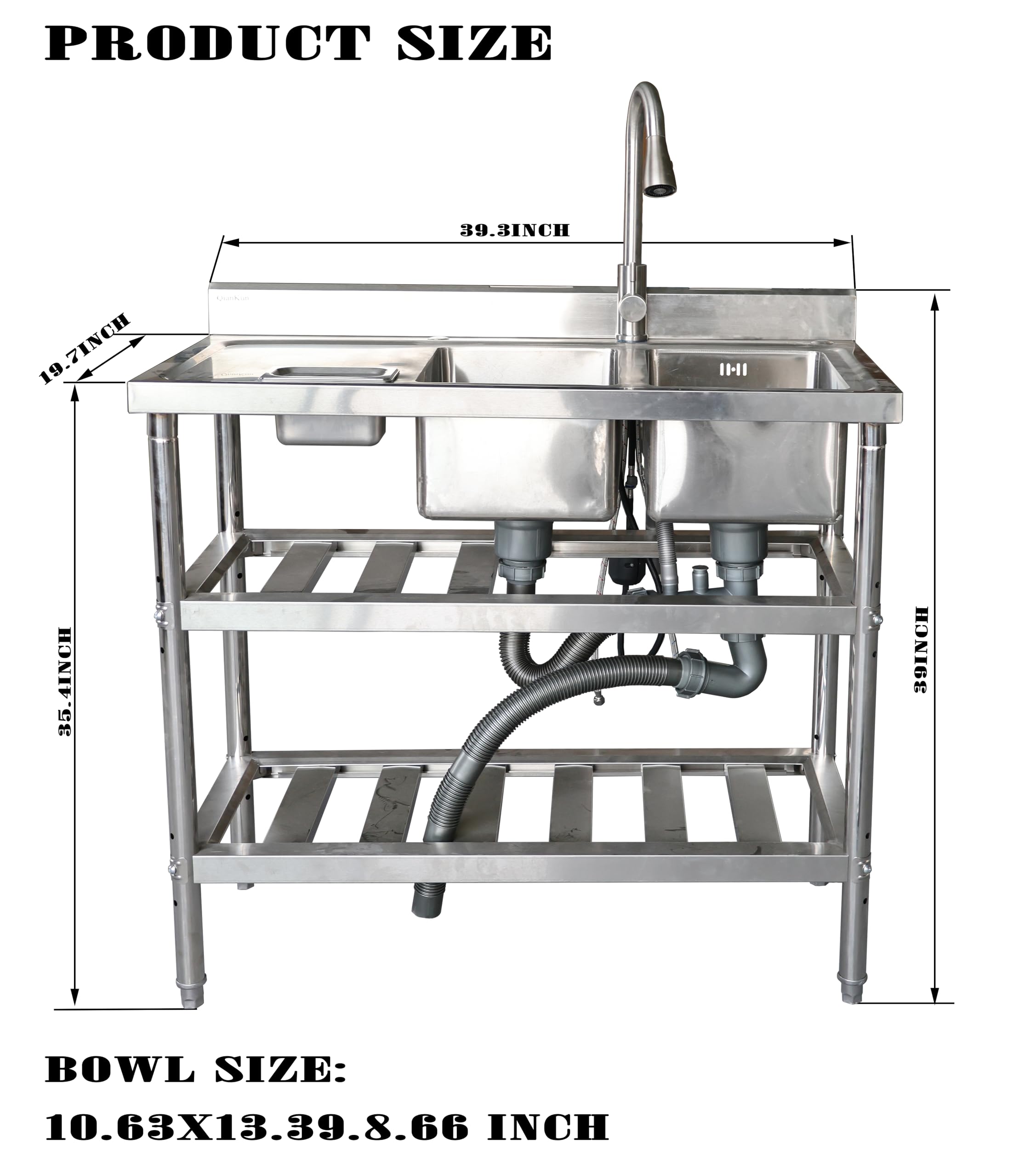 Qian Kun Industrial Grade Left-Hand Utility Sink Station with 304 Stainless Steel Double Bowl - 39.3x19.7x35.4Inch - NSF Certified - Ideal for Outdoor, Commercial, Garage, and Kitchen Use