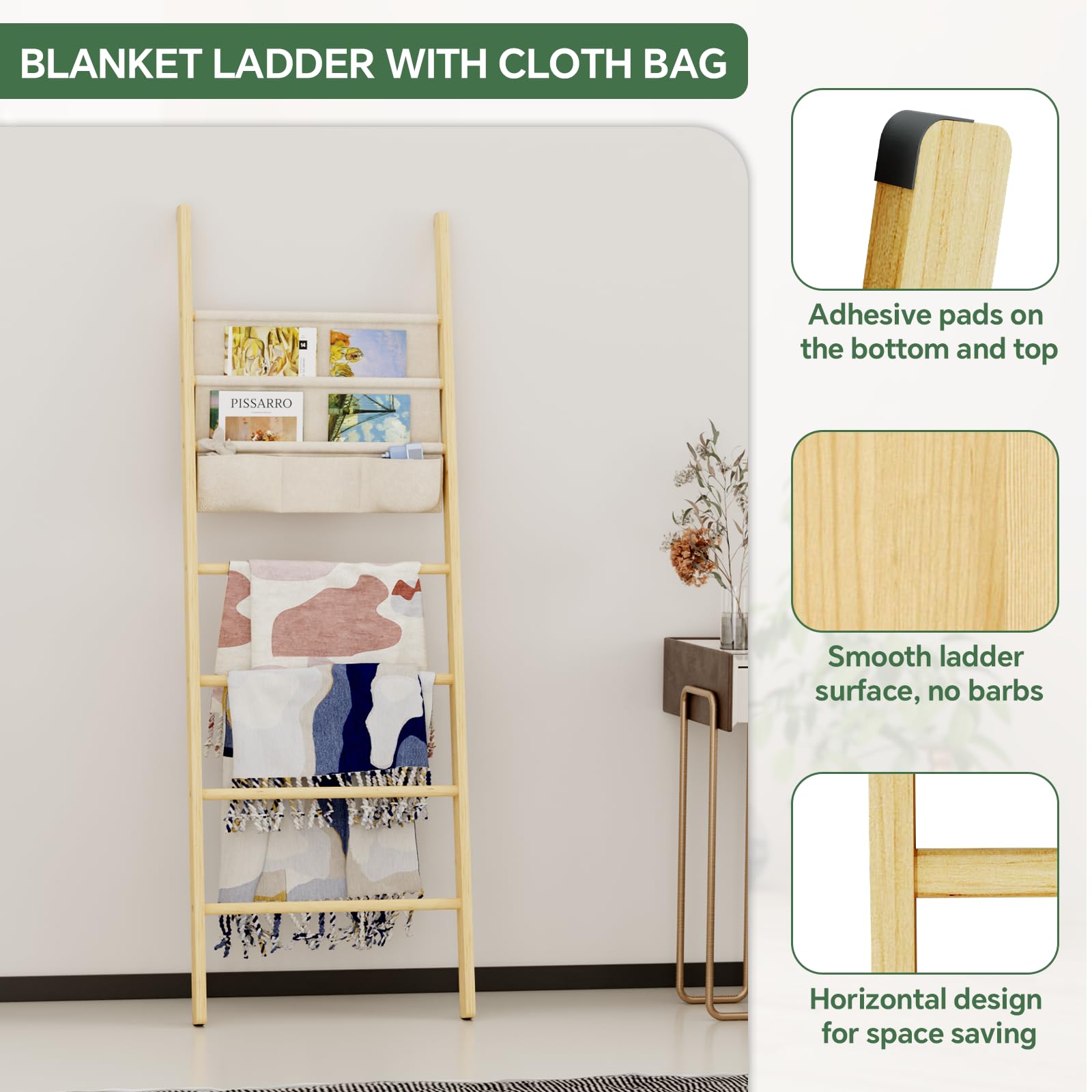 Delywh Wooden Blanket Ladder, Wood Towel Throw Blanket Ladders for The Living Room, Bedroom, Nursery, Farmhouse Decorative Ladders for Home Decor Blankets Holder Rack Display, Nature Wood