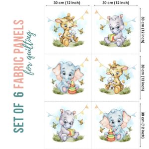 UNIQUE Giraffe Elephant Hippo Fabric Panel Set (6 Panels, 12x12in Each), Quilting Panels, Baby Quilt Panels, Cotton Baby Panels, Blanket Panel, Cotton Fabric Panels for Quilting