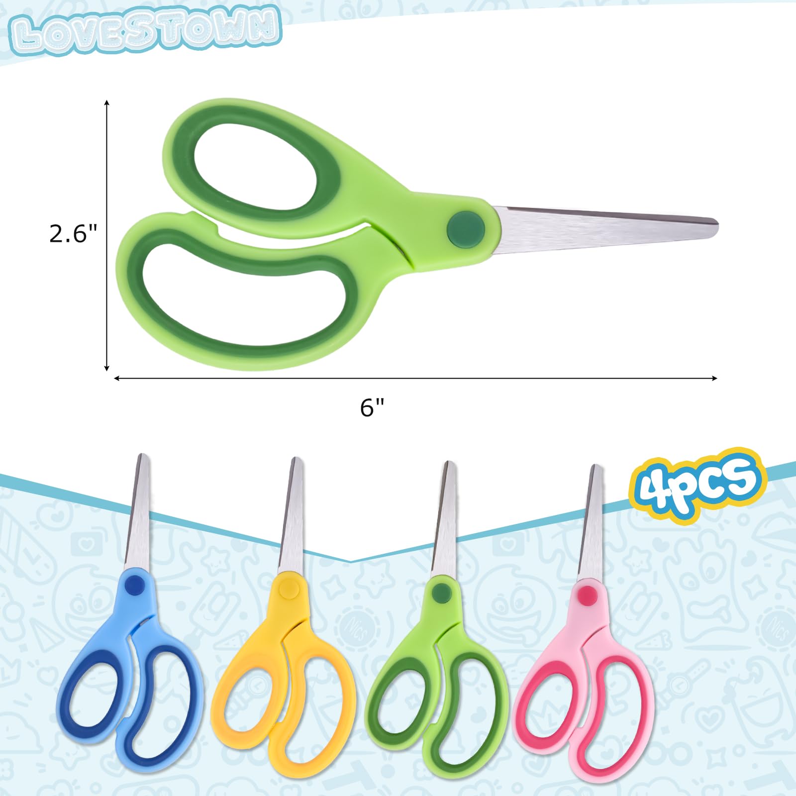 LovesTown 4 Pairs Kid Scissors with Cover, Blunt Tip Scissors Craft Scissors for School DIY Projects