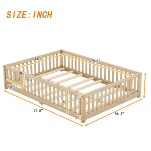 Luxo Abode Multifunctional Full Size Floor Bed with Safety Guardrails and Door, Removable Wood Slats, Montessori Beds Frame for Toddlers, Easy Assembly, for Boys and Girls Room, Natural