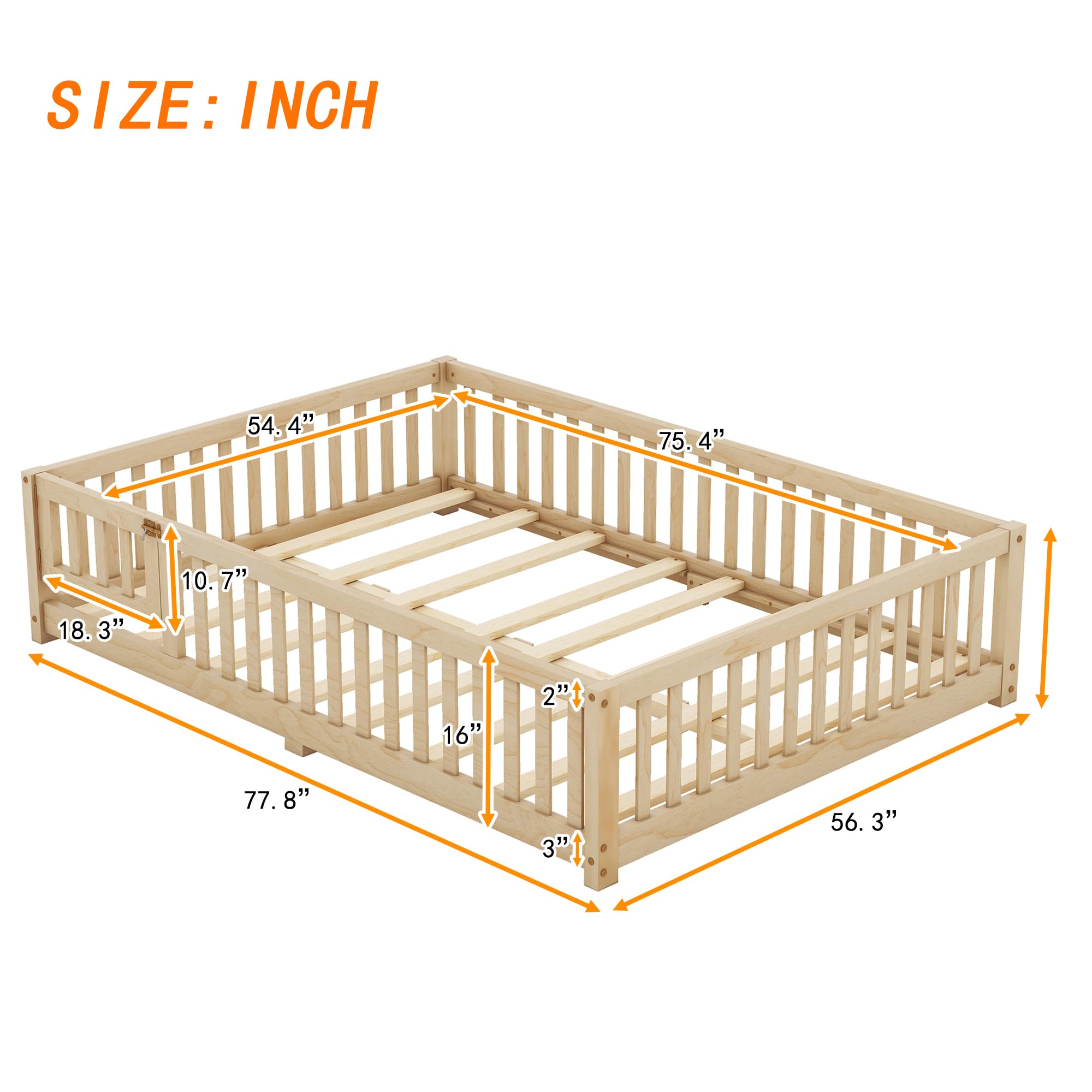 Luxo Abode Multifunctional Full Size Floor Bed with Safety Guardrails and Door, Removable Wood Slats, Montessori Beds Frame for Toddlers, Easy Assembly, for Boys and Girls Room, Natural