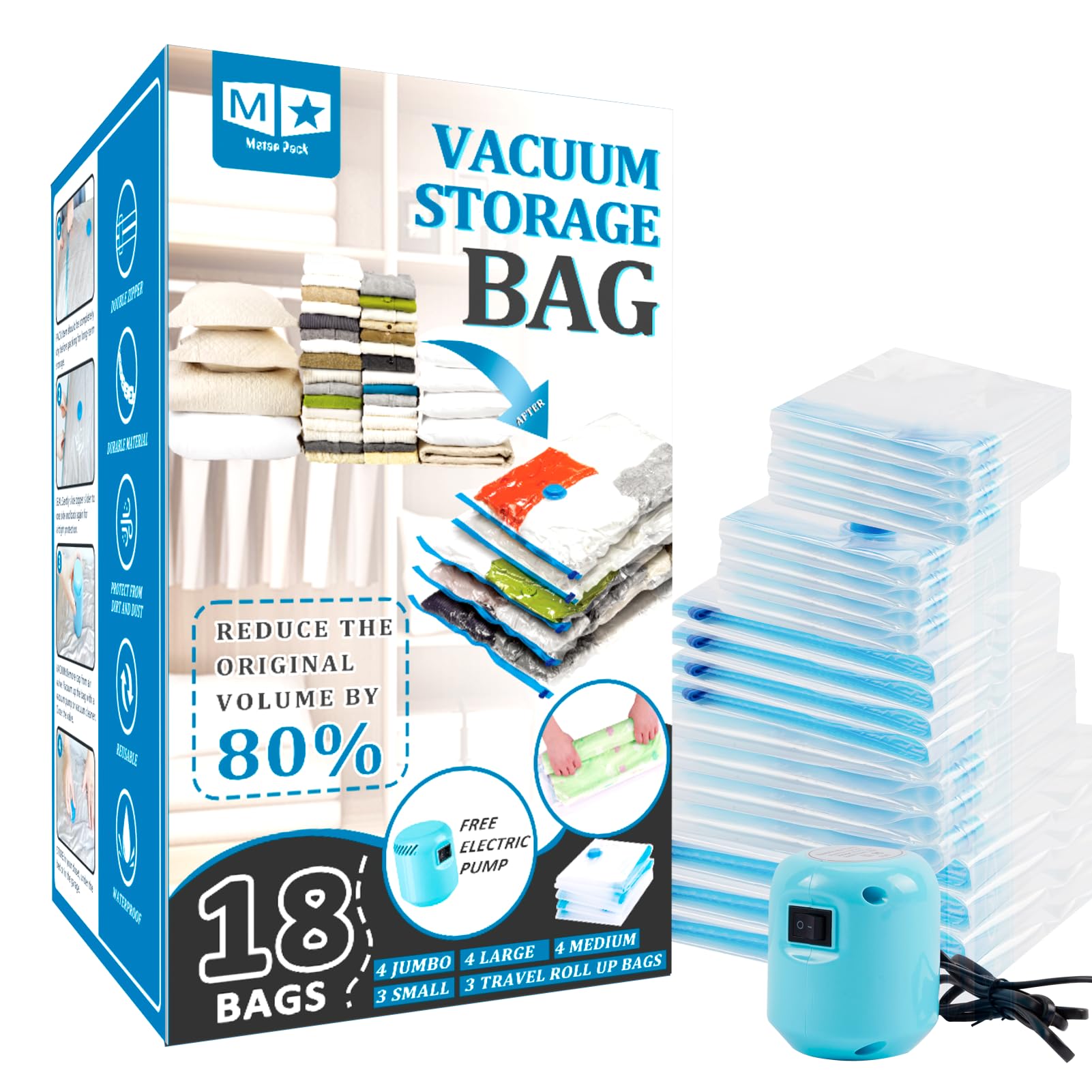 Vacuum Storage Bags with Electric Air Pump,18 Pack (4 Jumbo,4 Large,4 Medium,3 Small,3 Roll Up Bags) Zip Seal Space Saver Bag for Travel Clothes,Blanket,Duvets,Pillows,Comforters