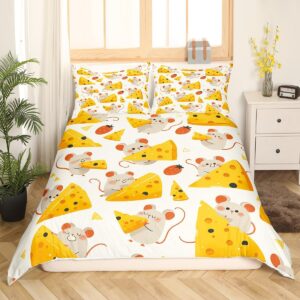 feelyou cartoon mouse duvet cover yellow cheese bedding set for kids boys girls teens toddler cute mouse comforter cover set full size animal print bedspread cover 3pcs zipper