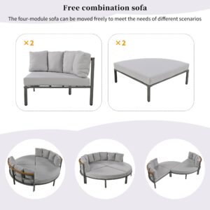 Merax Round Outdoor Daybed with Removable Cushions, All Weather Metal Conversation Sectional Sofa & Separate Seatings, 4 Piece Patio Furniture Set for Lawn Garden Backyard Porch Pool, Grey