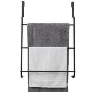 MyGift 3 Tier Modern Matte Black Metal Over The Door Bath Towel Hanger Holder, Bathroom Laundry Room Hanging Triple Bar Drying Rack for Clothing and Towels