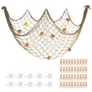 80x40 inch decorative fishing net w/shells & clips, 3mm thickness brown natural cotton large photo hanging fishnet, wall party decorations for nautical pirate hawaii underwater mermaid themed party