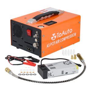 toauto a5 4500psi 30mpa pcp air compressor,12v dc/110v ac pcp airgun compressor with built-in fan& water/oil-free& one button start, with adapter hpa compressor for paintball/pcp rifle/mini scuba tank