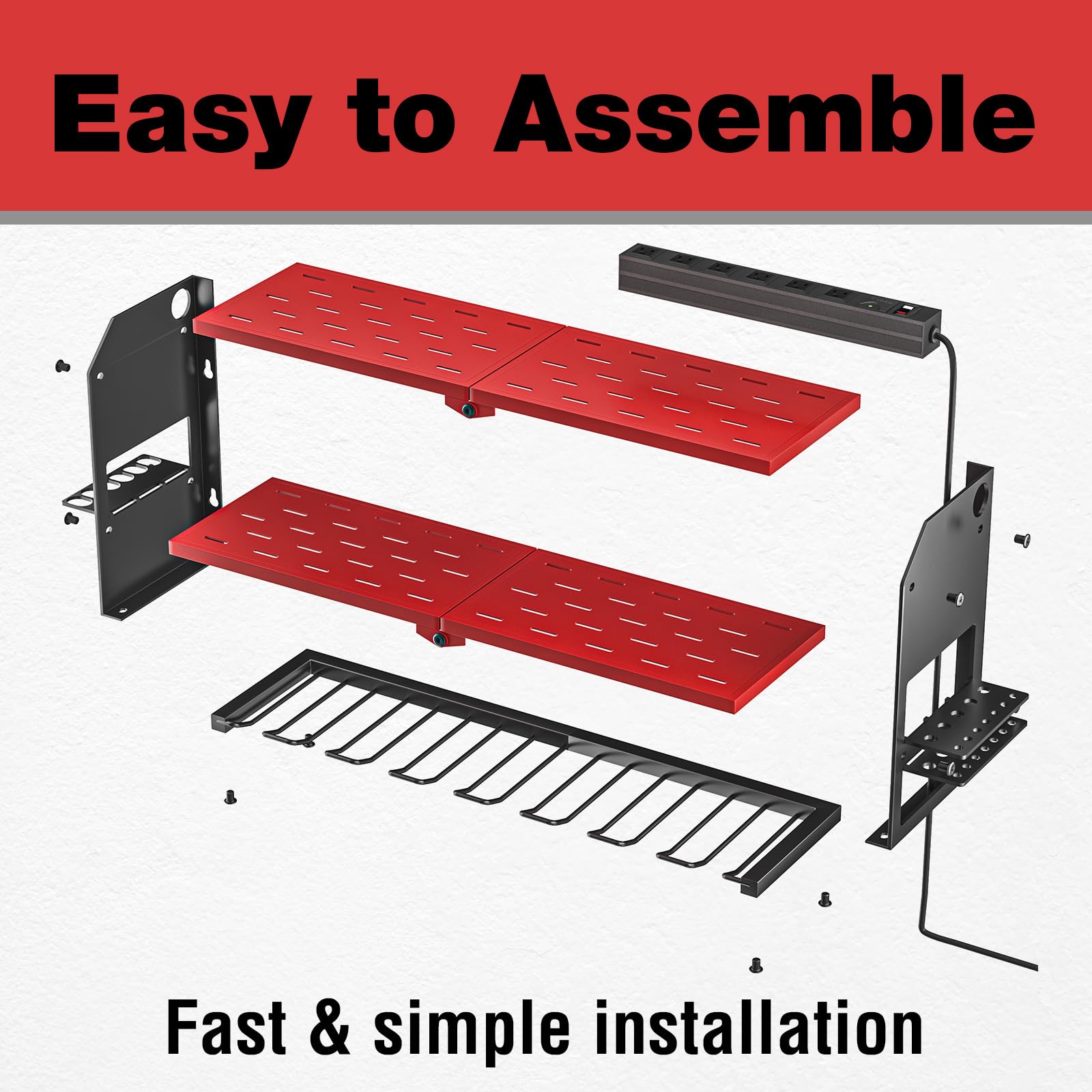 YYR Power Tool Organizer with Charging Station Wall Mount, Cordless Drill and Battery Holder for Garage Organization, Electric Tools Storage Rack Build in Surge Protection Power Strip - Red Shelf