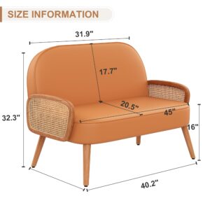 WENTMENT Loveseat Sofa Small Couch for Living Room, Faux Leather Mini Couch Love Seat with Natural Rattan Armrest and Solid Wooden Legs Small Sofa for Small Space, Bedroom, Apartment（Orange）