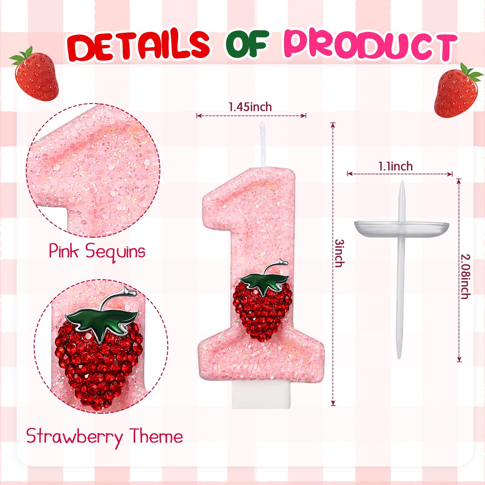 Conelist 1 Candle for First Birthday Candle Pink Number 1 Candle Cute Berry One Candle Glitter Birthday Candle for Cake Topper Party Supplies 1st Birthday Anniversary Decorations(Strawberry)