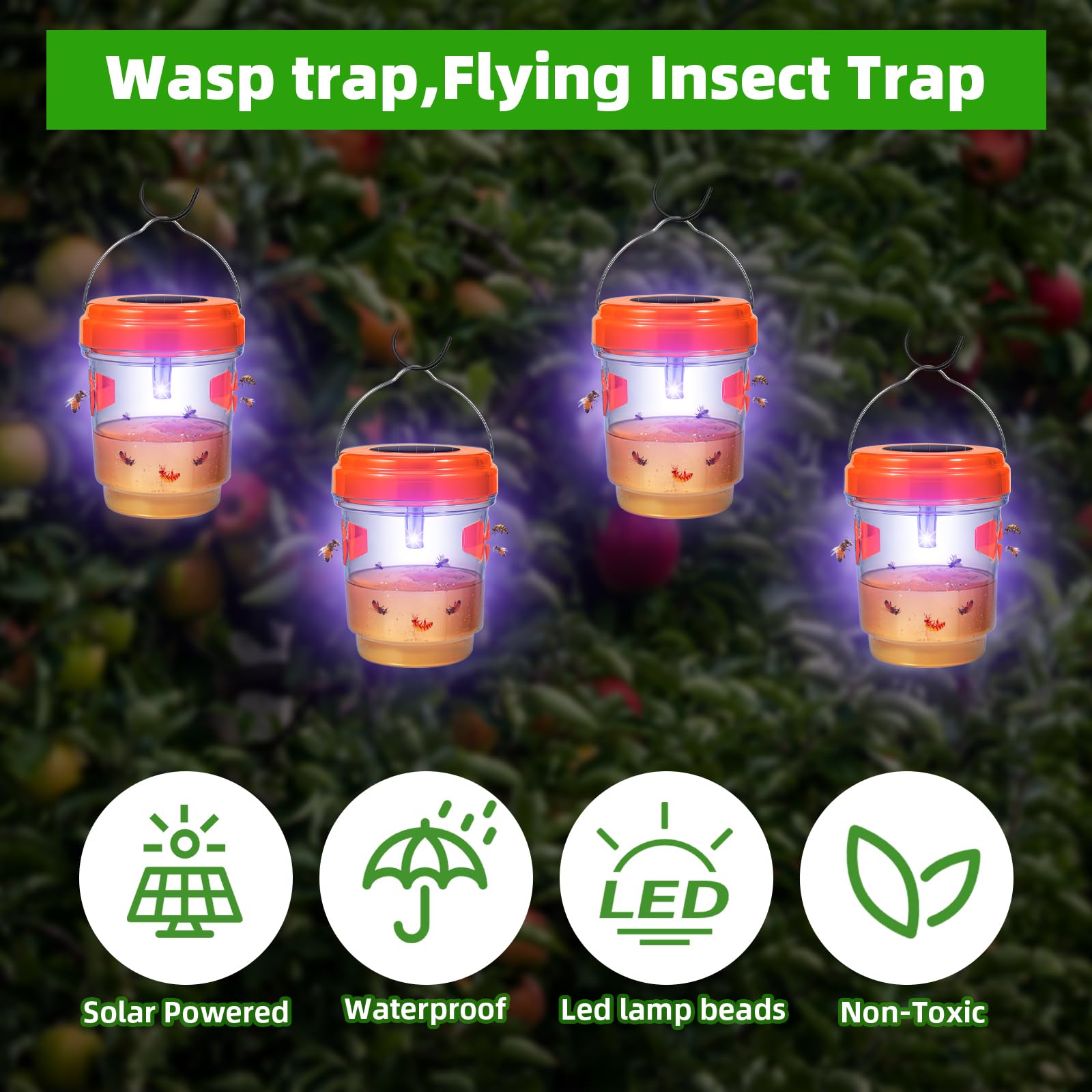 2024 Upgrade Wasp Traps Outdoor Hanging,Solar Powered LED Bee Traps for Outside Wasp Deterrent Killer Carpenter Bee Catchers for Outside,Flying Insect Trap Reusable Yellow Jacket Hornet Catcher,4 Pack