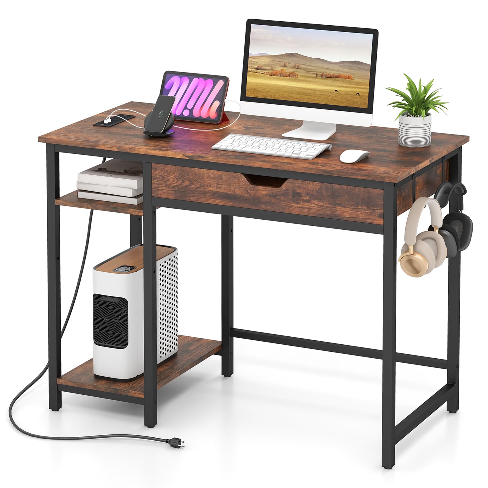 Giantex Computer Desk with Drawers and Power Outlets, Industrial Gaming Desk Computer Workstation with Adjustable Storage Shelf, Headphone Hooks, Study Writing Work Desk for Home Office