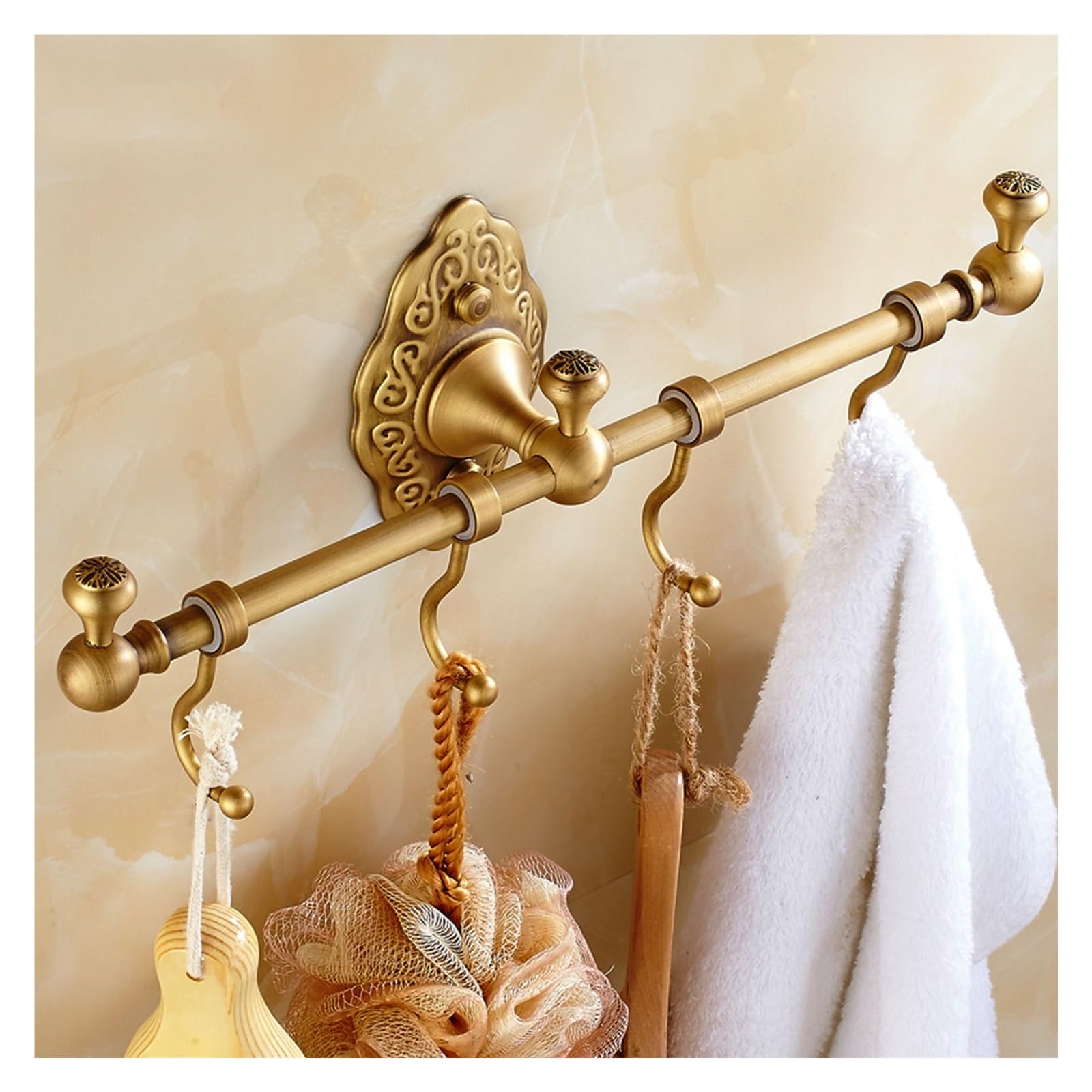 TEMKIN Brass Towel Rail Bar Bathroom Towel Hook Rack，Bath Coat Rack Hook Wall Mounted with 4 Hooks，Antique Bath Robe Hanger Coat Hook Rack Holders，Indoor Kitchen Lavatory Hot Tub Accessories