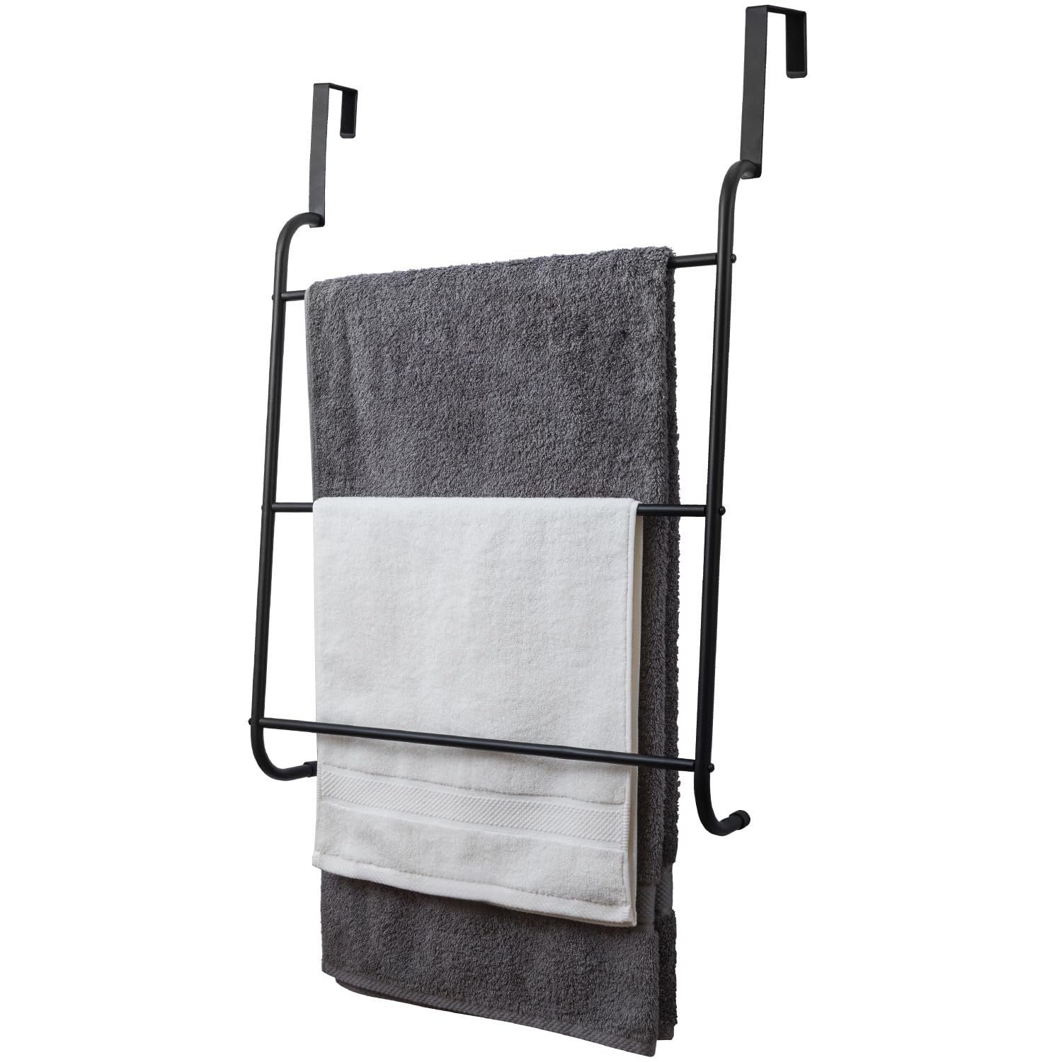 MyGift 3 Tier Modern Matte Black Metal Over The Door Bath Towel Hanger Holder, Bathroom Laundry Room Hanging Triple Bar Drying Rack for Clothing and Towels