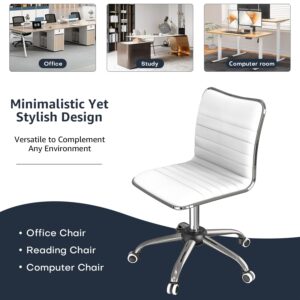 Our Modern Space 2 PACK Adjustable Ribbed Swivel Office Chair - Faux Leather, Low Back, Armless with Rolling Caster Wheels for Home, Office Vanity Dorm Workspace - WHITE