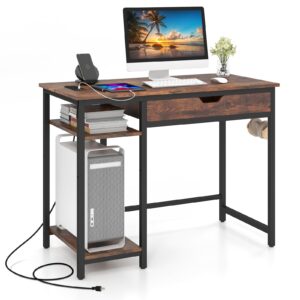 tangkula computer desk with charging station, 40” industrial home office desk with drawer & adjustable shelf, compact computer workstation with cpu stand & headphone hooks, study writing desk