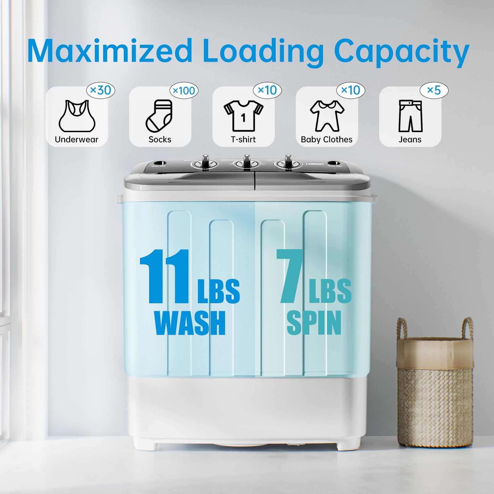 Ceamorfco Portable Washing Machine, 18lbs Portable Washer and Dryer Combo for Laundry, Twin Tub Washing Machine 11lbs Washer & 7lbs Spinner, Lavadora Portatil for Apartments, RVs, Camping, Dorms