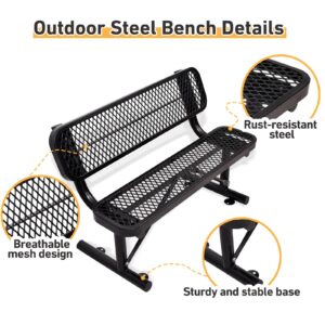 4Ft Outdoor Bench with Back Portable Frame, Outdoor Steel Park Bench with Backrest, Expanded Metal Mesh Bench for Outside, Lawn, Backyard, Park, Deck, Garden, Patio, Porch, Black