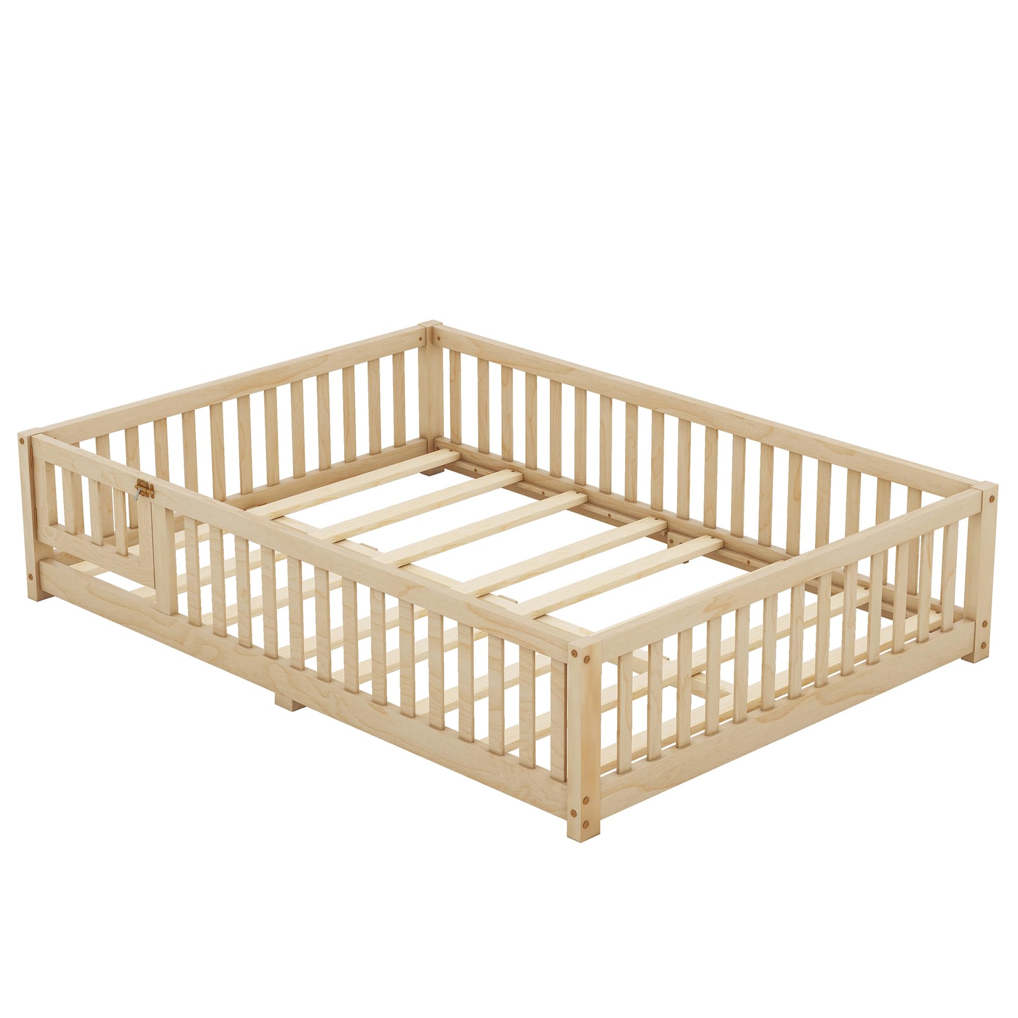 Luxo Abode Multifunctional Full Size Floor Bed with Safety Guardrails and Door, Removable Wood Slats, Montessori Beds Frame for Toddlers, Easy Assembly, for Boys and Girls Room, Natural