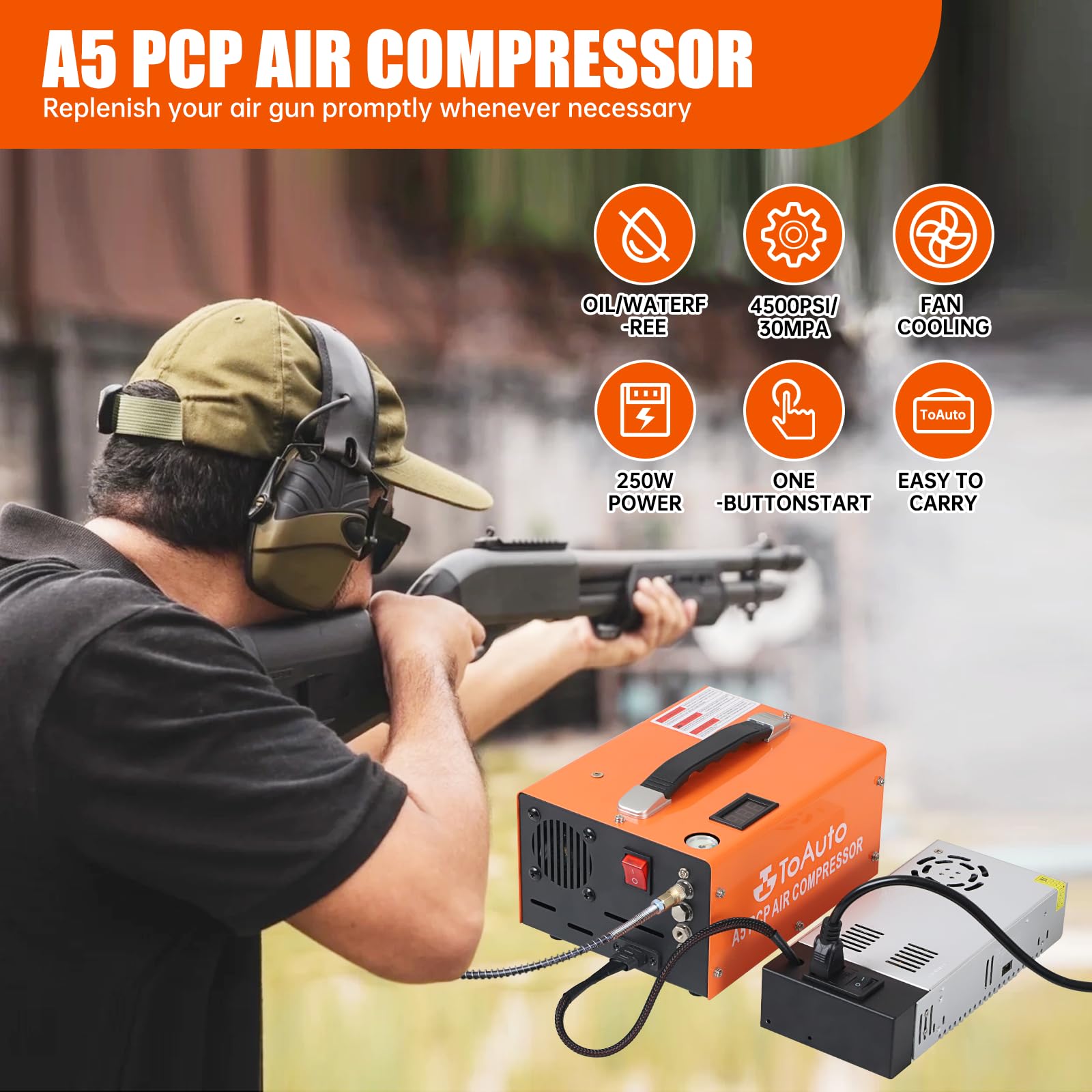 TOAUTO A5 4500Psi 30Mpa PCP Air Compressor,12V DC/110V AC PCP Airgun Compressor with Built-in Fan& Water/Oil-Free& One Button Start, with Adapter HPA Compressor for Paintball/PCP Rifle/Mini Scuba Tank