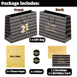 Sumerk 1 PC 13" Large Gift Bag with Card Stickers and Tissue Paper 21st Birthday Bag for Women Men Happy 21st Birthday Gift Bag