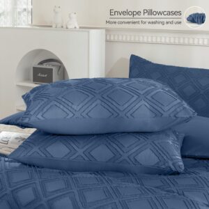 JELLYMONI Blue Duvet Cover Full Size - 3 PCS Microfiber Tufted Duvet Cover Set, Boho Textured Duvet Cover Jacquard Rhombus Geometric Pattern Duvet Cover with Corner Ties & Zipper Closure