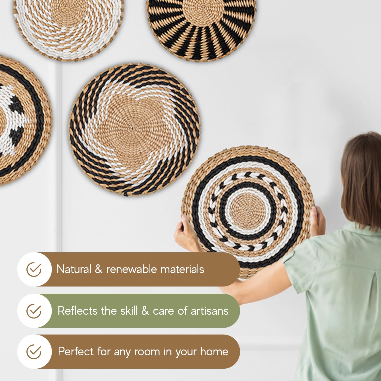 5 Boho Basket Wall Decor Set, hanging Woven Wall Basket Decor, Boho Wall Baskets decor, Basket Wall Art Decor, Eco-Friendly Round Woven Wall Decor, Boho Rattan Wall Decor Gift with Nails & hooks