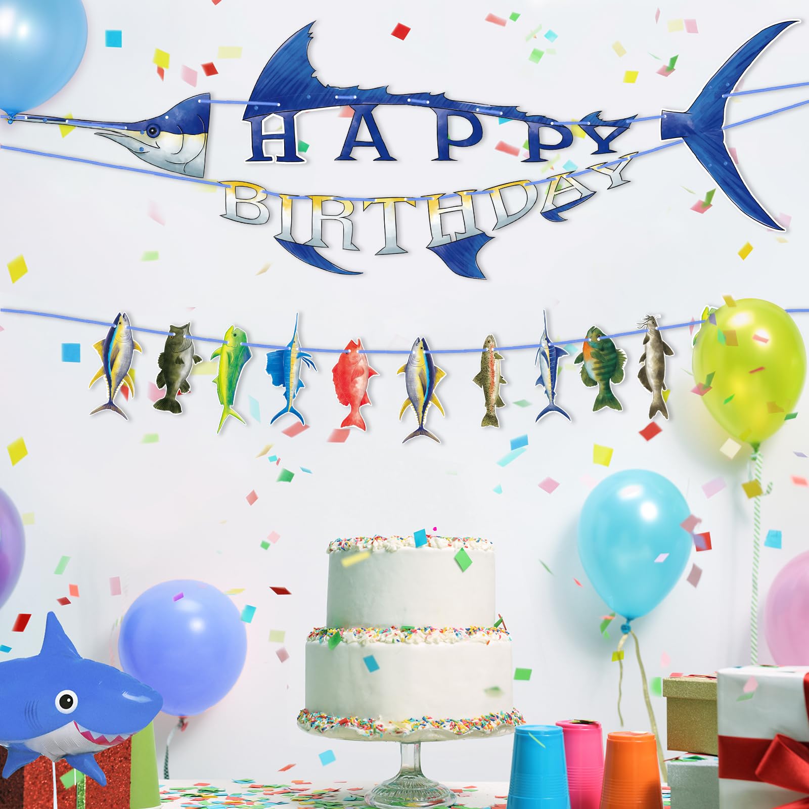 WERNNSAI Fishing Happy Birthday Party Banner - Gone Fishing String Hanging Banner with Pre-strung Fishing Banner Supplies for Boys Litter Fisherman Birthday Party Hanging Wall Decorations