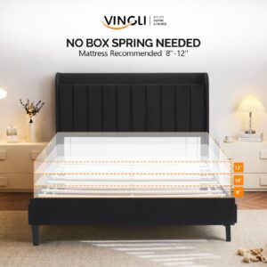 VINGLI Upholstered Platform Bed Queen Panel Bed Frame with Headboard, Wingback Storage Bed Queen with Charging Station, Velvet Black