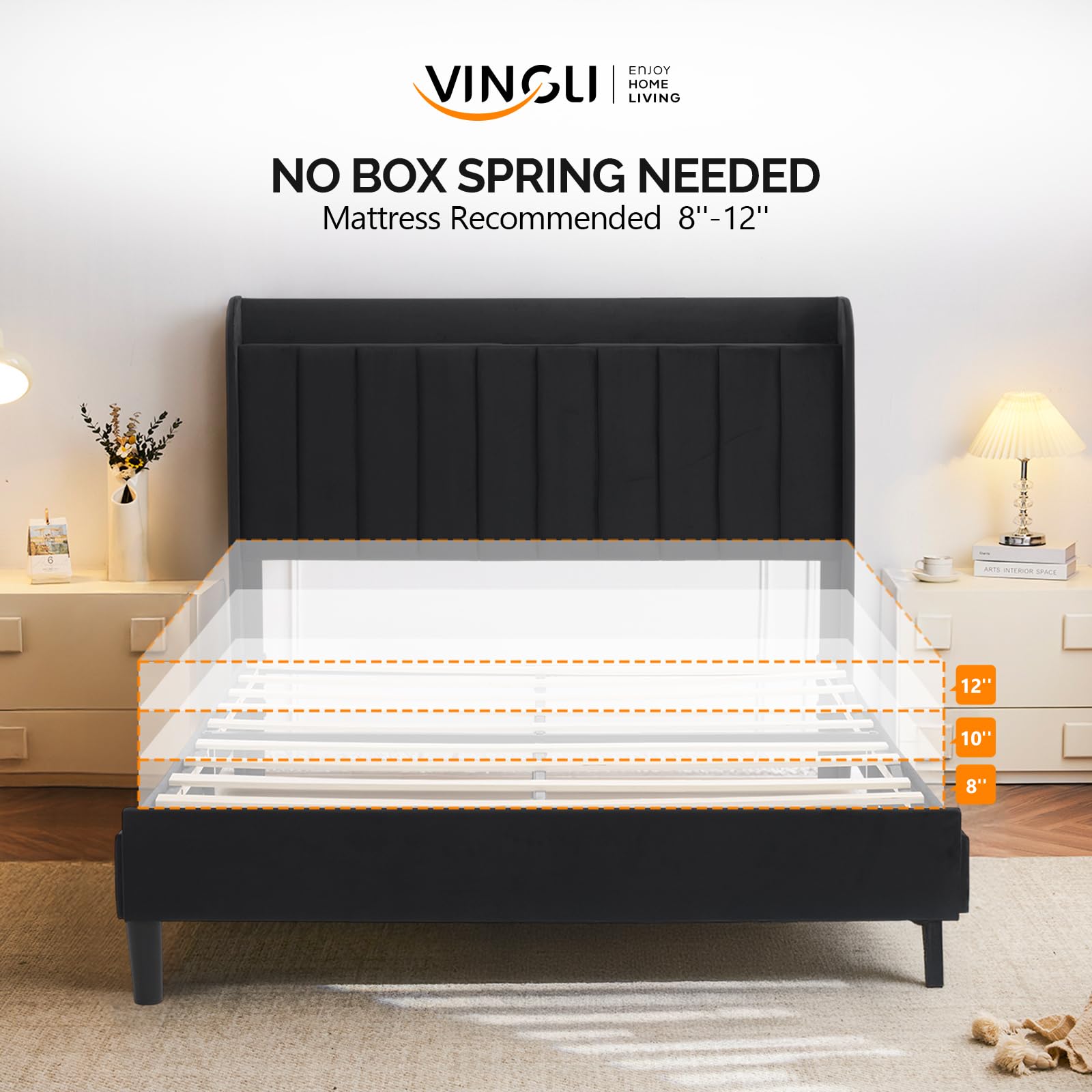 VINGLI Upholstered Platform Bed Queen Panel Bed Frame with Headboard, Wingback Storage Bed Queen with Charging Station, Velvet Black