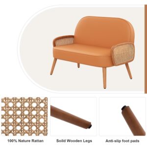 WENTMENT Loveseat Sofa Small Couch for Living Room, Faux Leather Mini Couch Love Seat with Natural Rattan Armrest and Solid Wooden Legs Small Sofa for Small Space, Bedroom, Apartment（Orange）